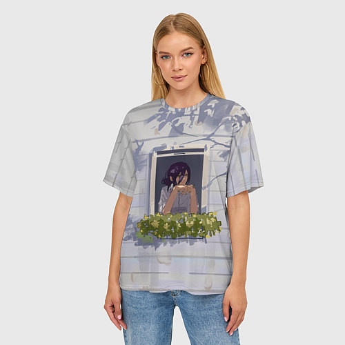 Женская футболка оверсайз Человек-бензопила Аса Митака в окне / 3D-принт – фото 3