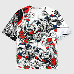 Футболка оверсайз женская Красные цветы и птицы, цвет: 3D-принт