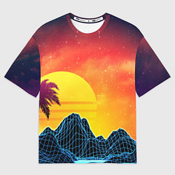 Футболка оверсайз женская Тропический остров на закате ретро иллюстрация, цвет: 3D-принт