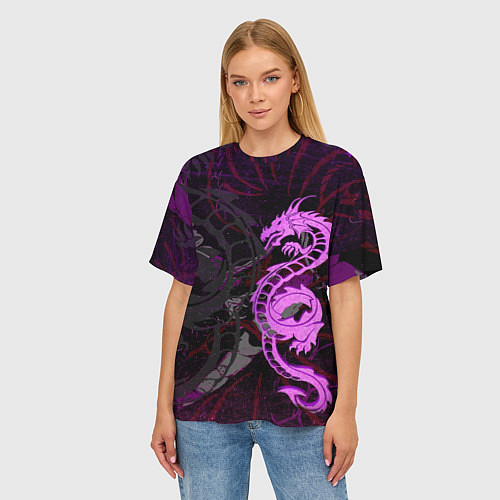 Женская футболка оверсайз Неоновый дракон purple dragon / 3D-принт – фото 3