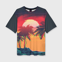 Женская футболка оверсайз Пальмы и пляж на закате с помехами VHS ретро дизай