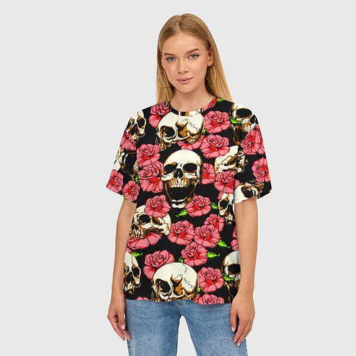 Женская футболка оверсайз Черепа и розы / 3D-принт – фото 3