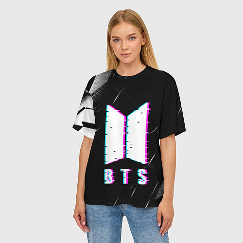 Женская футболка оверсайз BTS - Неоновый логотип / 3D-принт – фото 3