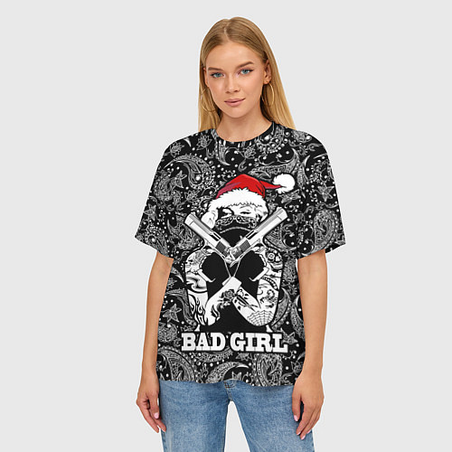 Женская футболка оверсайз Bad girl with guns in a bandana / 3D-принт – фото 3