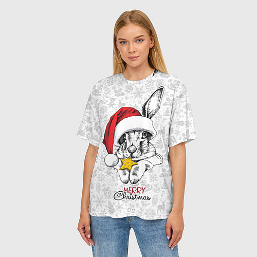 Женская футболка оверсайз Rabbit with cookies, merry Christmas / 3D-принт – фото 3