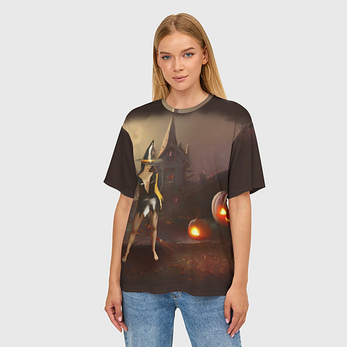 Женская футболка оверсайз Ведьма с метлой и тремя тыквами возле старого дома / 3D-принт – фото 3