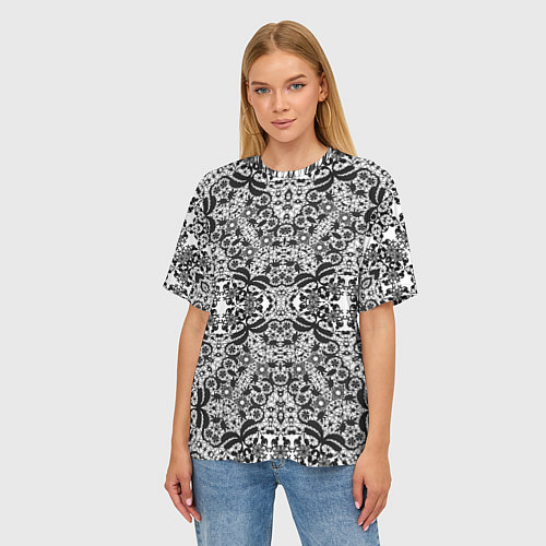 Женская футболка оверсайз Черно-белый ажурный кружевной узор / 3D-принт – фото 3
