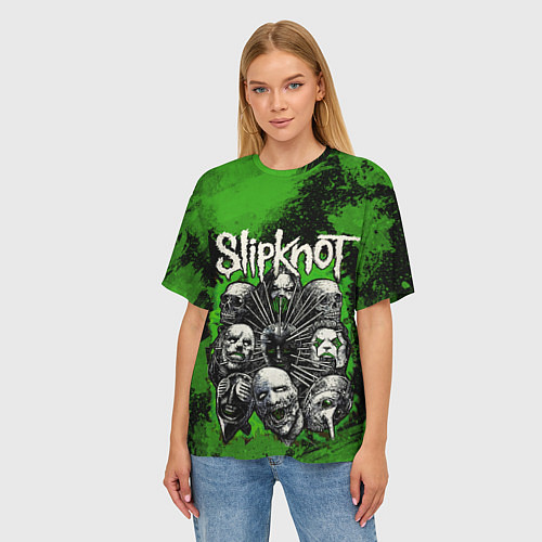 Женская футболка оверсайз Slipknot green abstract / 3D-принт – фото 3