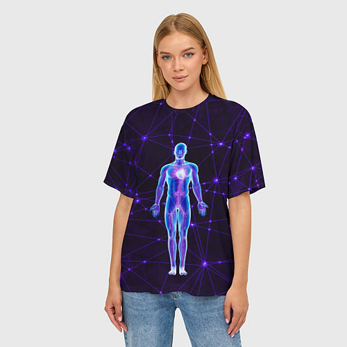 Женская футболка оверсайз Неоновый человек в нейросети / 3D-принт – фото 3