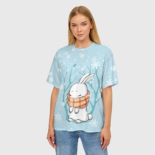 Женская футболка оверсайз Кролик в снеженом лесу / 3D-принт – фото 3