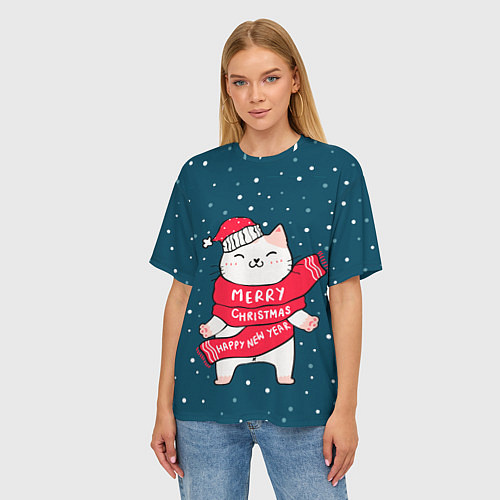 Женская футболка оверсайз Новогодний котик в колпачке / 3D-принт – фото 3
