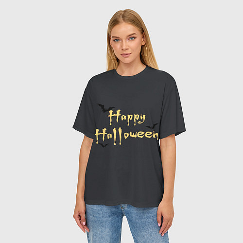 Женская футболка оверсайз Happy Halloween надпись с летучими мышами / 3D-принт – фото 3