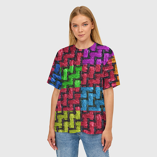 Женская футболка оверсайз Грубая вязка - цветная клетка - fashion 2044 / 3D-принт – фото 3
