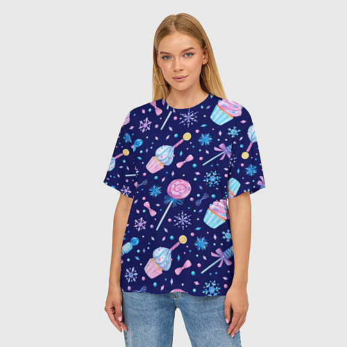 Женская футболка оверсайз Новогодние сладости - леденцы / 3D-принт – фото 3