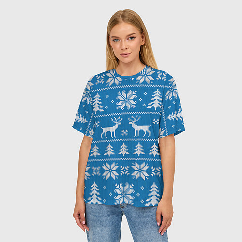 Женская футболка оверсайз Рождественский синий свитер с оленями / 3D-принт – фото 3