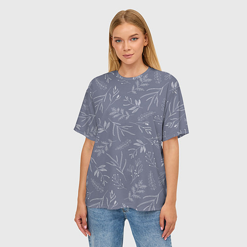 Женская футболка оверсайз Минималистичный растительный узор на серо-голубом / 3D-принт – фото 3