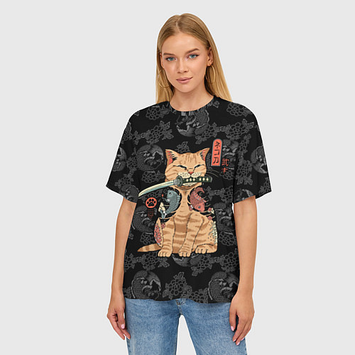 Женская футболка оверсайз Кот самурай - Якудза / 3D-принт – фото 3
