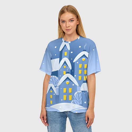 Женская футболка оверсайз Маленький новогодний городок / 3D-принт – фото 3