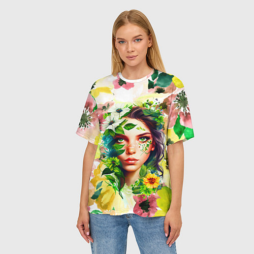 Женская футболка оверсайз Девушка Весна - акварель / 3D-принт – фото 3