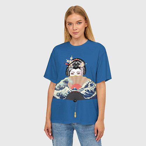 Женская футболка оверсайз Японская гейша с большим веером / 3D-принт – фото 3