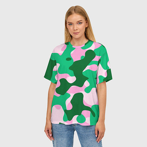 Женская футболка оверсайз Абстрактные зелёно-розовые пятна / 3D-принт – фото 3