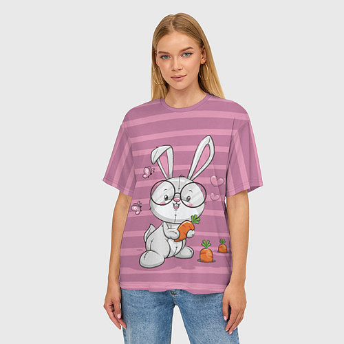 Женская футболка оверсайз Зайка в очках с морковкой / 3D-принт – фото 3
