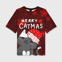 Женская футболка оверсайз Новогодние снежинк и котик в шапочке