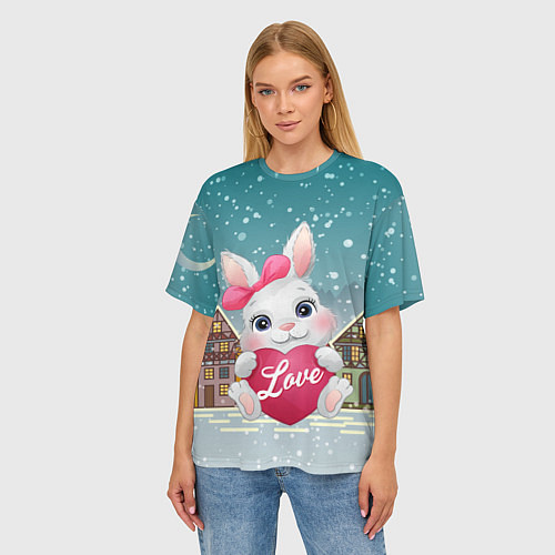 Женская футболка оверсайз Новогодняя зайка с сердечком / 3D-принт – фото 3