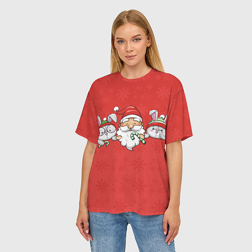 Женская футболка оверсайз Игрушечный дед Мороз и зайцы / 3D-принт – фото 3