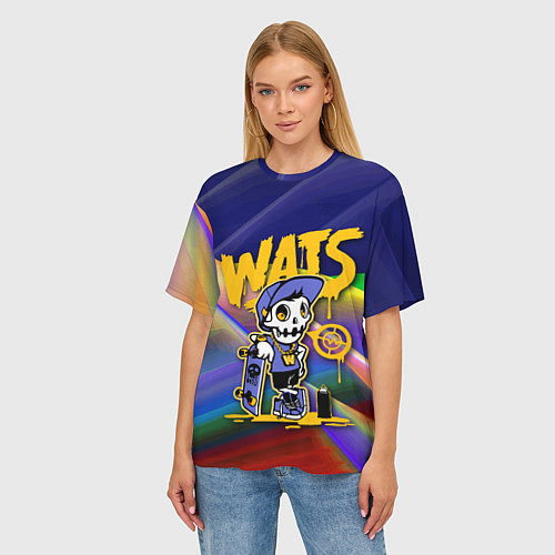 Женская футболка оверсайз Whats - скелет со скейтбордом - граффити / 3D-принт – фото 3