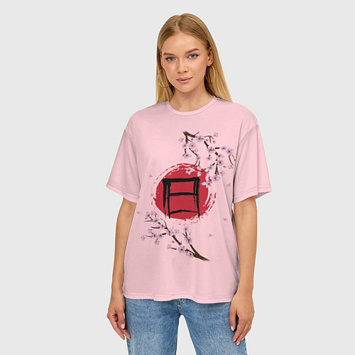 Женская футболка оверсайз Цветущая сакура с иероглифом cолнце / 3D-принт – фото 3