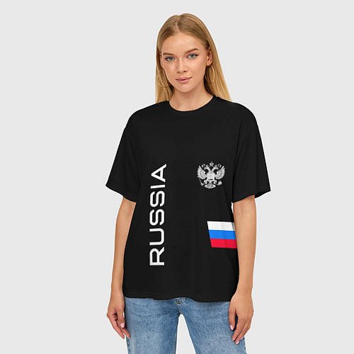 Женская футболка оверсайз Россия и три линии на черном фоне / 3D-принт – фото 3
