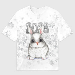 Футболка оверсайз женская Белый кролик и снежинки 2023, цвет: 3D-принт
