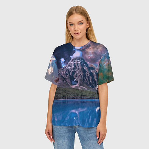 Женская футболка оверсайз Горы и лес у озера / 3D-принт – фото 3