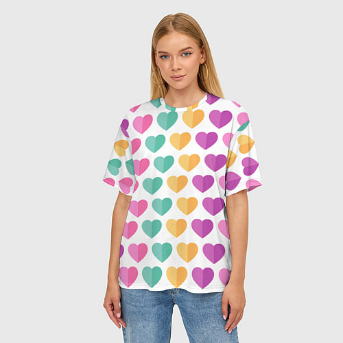 Женская футболка оверсайз Яркие сердечки / 3D-принт – фото 3
