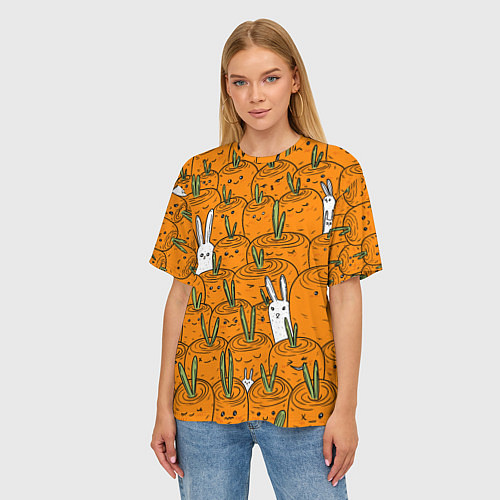 Женская футболка оверсайз Милые кролики в морковном поле / 3D-принт – фото 3