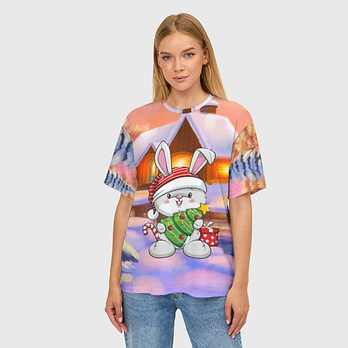 Женская футболка оверсайз Новый год - зайчик с елочкой / 3D-принт – фото 3