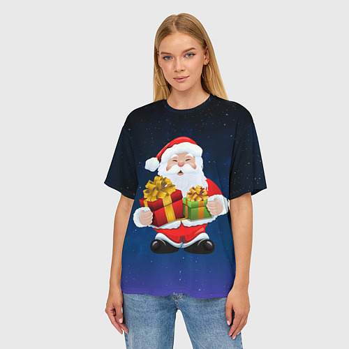 Женская футболка оверсайз Санта Клаус с двумя подарками / 3D-принт – фото 3