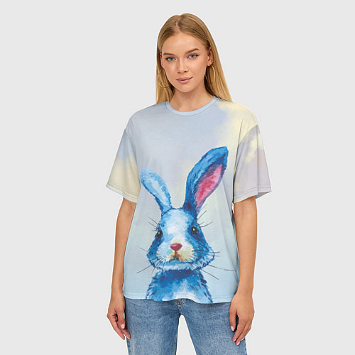 Женская футболка оверсайз Синий кролик на фоне неба / 3D-принт – фото 3