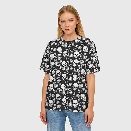 Женская футболка оверсайз Череп и розы с шипами / 3D-принт – фото 3