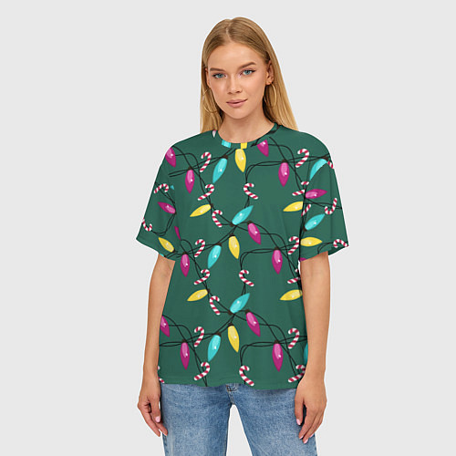 Женская футболка оверсайз Новогодняя гирлянда зеленая / 3D-принт – фото 3