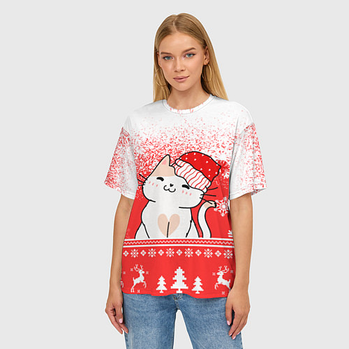 Женская футболка оверсайз Новогодний милый котик / 3D-принт – фото 3