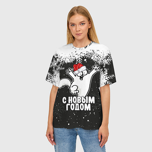 Женская футболка оверсайз С Новым годом - кот Саймона и снежинки / 3D-принт – фото 3