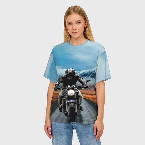Женская футболка оверсайз Мотоцикл в горах / 3D-принт – фото 3