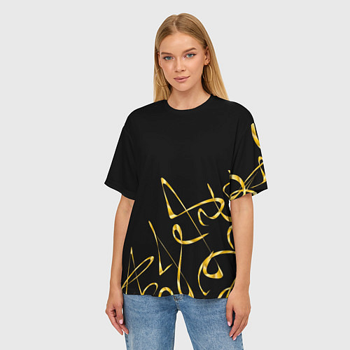 Женская футболка оверсайз Золотая каллиграфия на черном фоне / 3D-принт – фото 3