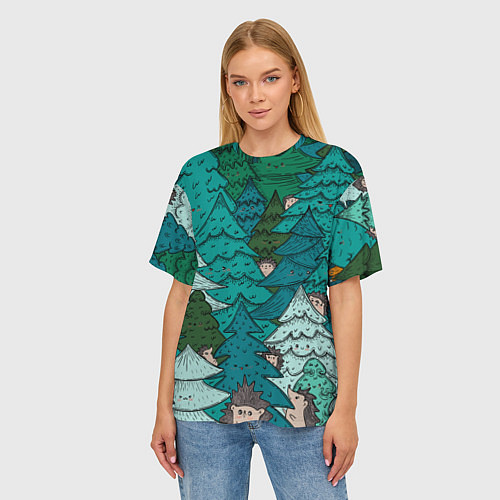 Женская футболка оверсайз Ежи в еловом лесу / 3D-принт – фото 3