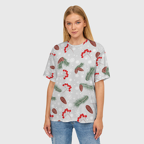 Женская футболка оверсайз Зимние ягоды и шишки / 3D-принт – фото 3