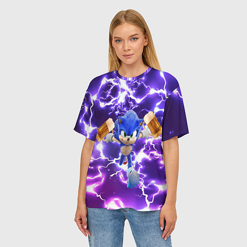 Женская футболка оверсайз Соник с пивом бежит на праздник / 3D-принт – фото 3