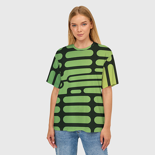 Женская футболка оверсайз Зелёный прямоугольный паттерн на чёрном фоне / 3D-принт – фото 3