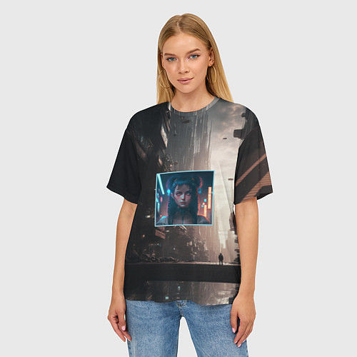 Женская футболка оверсайз Девушка во мраке киберпанк города / 3D-принт – фото 3